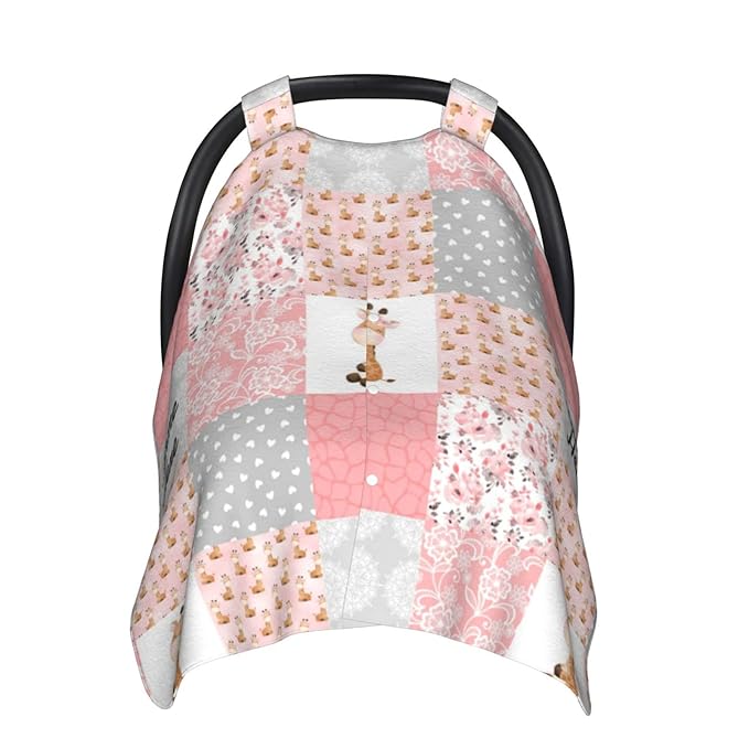 Personalized Giraffe Plaid Baby Infant Car Seats Canopy for Babies with Name, Custom Multi-use Blankets for Baby Boys Girls, Peekaboo Minky Nursing Breastfeeding Stroller Cover Canopies for Newborn