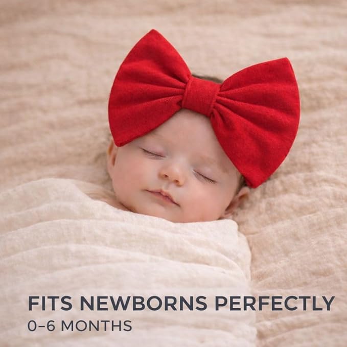 Newborn Baby Girl Headband 0–6 Months – Soft Cotton Big Bow Headband for Infants, Stretchy Baby Hair Band, 4.3" (11 cm) Bow, 2.4" (6 cm) Band (Red, 0-6 Month)