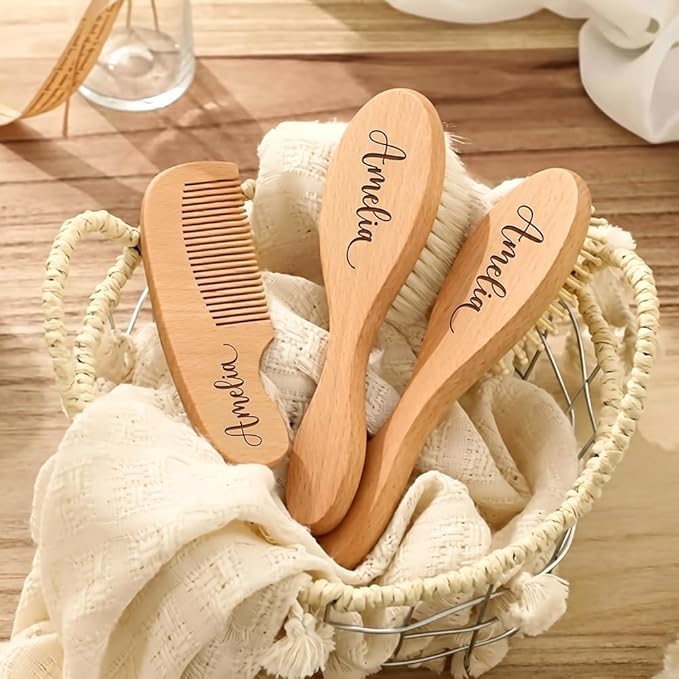 Personalized Wooden Baby Hair Brush and Comb Bristles,Personalized Pacifier Clip with Name Newborn Baby Gift Set
