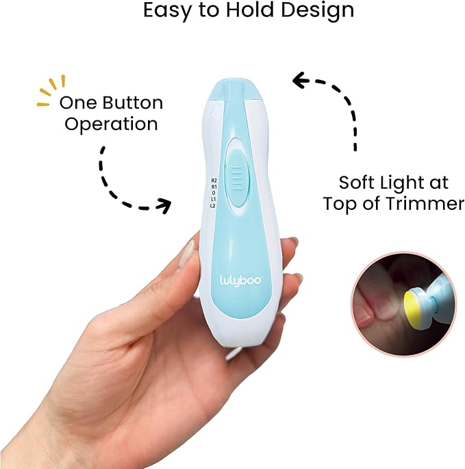 Lulyboo Electric Baby Nail File with 5 Interchangeable Heads, Low Noise & LED Light - Gentle, Safe, Ergonomic Baby Nail Trimmer for Smooth Nails & On-the-Go Grooming with Carry Case