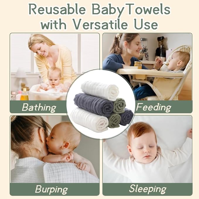 MUKIN Baby Washcloths, Muslin Cotton Face Cloths, Newborn Soft Absorbent Bath Wipes, Burp Cloths or Towels, Pack of 6, 12x12 inches (White,Dark Gray,Tea Green)