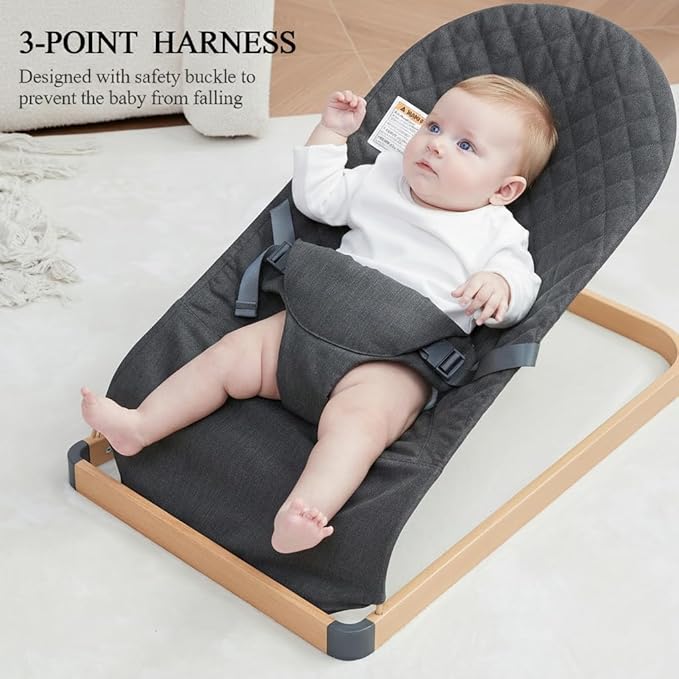 Baby Bouncer, Portable Infant Bouncer Seat with Soft Breathable Fabric, Contoured Supportive Rocker for 0-9 Months, Foldable Baby Swing Chair with 3-Point Harness for Indoor Outdoor, Grey