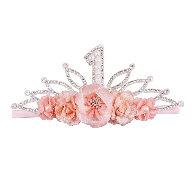 cherrboll Baby Girl Birthday Crown Floral Headband, Soft Flower Head Wrap Tiara Hairband for 1-3 Years Old Toddlers Kids First 1st Birthday Party Dress Photo Decoration