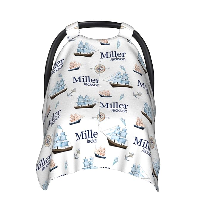 Personalized Baby Car Seat Canopy for Babies, Custom Name Baby Car Seats Covers for Boys, Opening Minky Nursing Breastfeeding Cover for Infant, Carseat Canopies for Newborn (Nautical Ship)