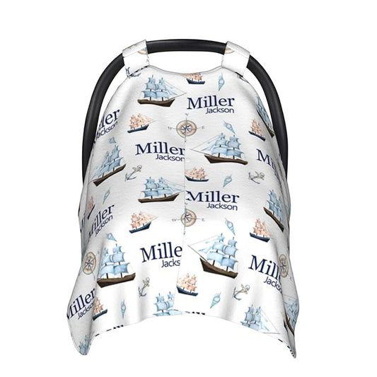 Personalized Baby Car Seat Canopy for Babies, Custom Name Baby Car Seats Covers for Boys, Opening Minky Nursing Breastfeeding Cover for Infant, Carseat Canopies for Newborn (Nautical Ship)