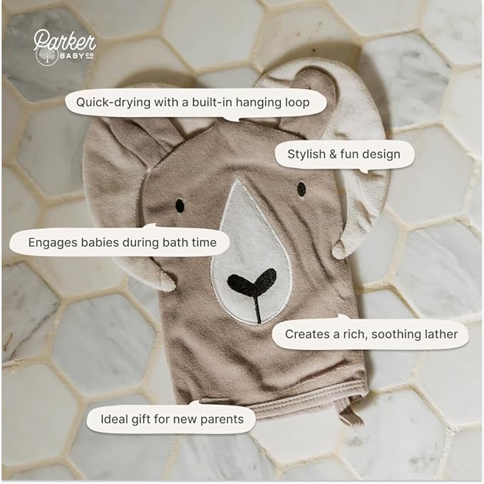 Parker Baby Bath Mitt for Kids | Soft & Absorbent Washcloth Mitt | Quick Dry Baby Washcloth Glove that Fits Both Parents | Easy, Convenient & Fun Bath Time for Newborns, Toddlers & Kids