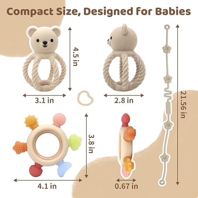 3Pcs Baby Silicone Teether Toy Set - Food-Grade Silicone Teething Relief Toys,Wooden Ring Teether Cute Bear Toy and Toy Straps for Babies 3-12 Months (Bright Beige)