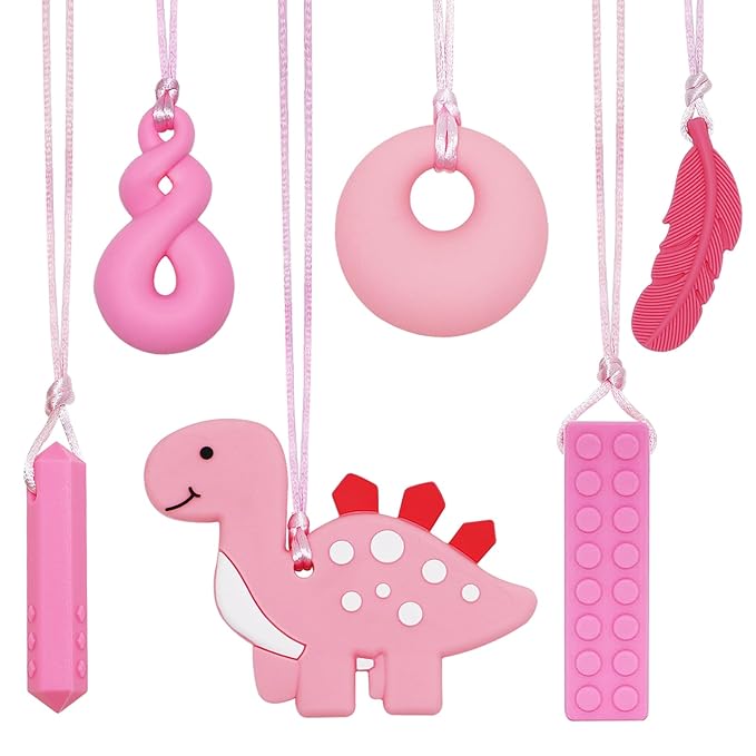 Chew Necklace for Sensory Kids Girls, 6 Pack Chewy Necklace Sensory Chew Toys for Autistic Children or Adults with ADHD, SPD, Anxiety, Silicone Pink Dinosaur Stim Toy - BPA Free