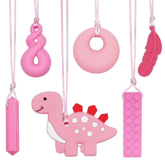 Chew Necklace for Sensory Kids Girls, 6 Pack Chewy Necklace Sensory Chew Toys for Autistic Children or Adults with ADHD, SPD, Anxiety, Silicone Pink Dinosaur Stim Toy - BPA Free