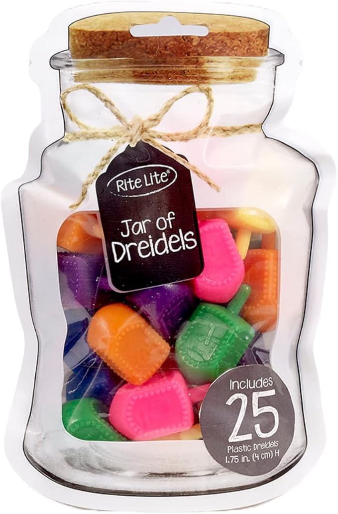 Rite Lite Jar of Dreidels, 25 Medium Plastic Multicolor Dreidels - Classic Chanukah Spinning Dreidel Game - Colored Dreidels Bulk Value Pack Hanukkah Gifts