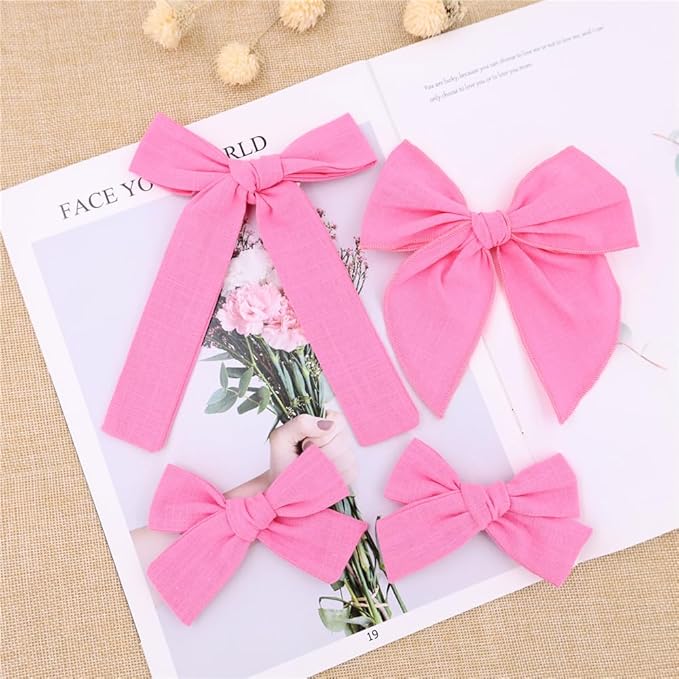 3 Styles Hair Bow Clips for Little Girls Toddler Baby Mom Women Hair Barrettes Accessories 4 Pcs Cotton Linen Bows Hot Pink