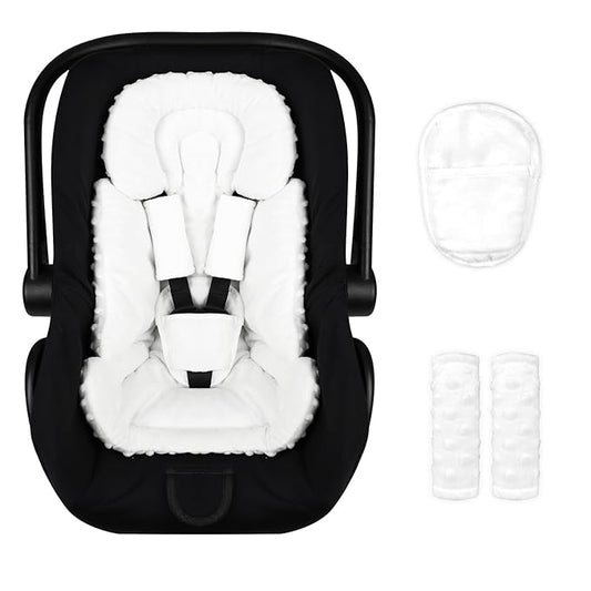 Infant Car Seat Insert Boy Girl, 3 in 1 Newborn Carseat Insert with Strap Pads, Car Seat Head Support for Baby Strollers, Swings, and Bouncers, Comfortable and Machine Washable, White
