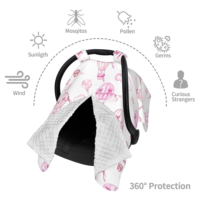 Personalized Baby Car Seat Canopy for Baby Girls, Custom Name Hot Air Balloons Baby Car Seat Covers for Babies, Opening Minky Nursing Breastfeeding Cover for Infant, Carseat Canopies for Newborn