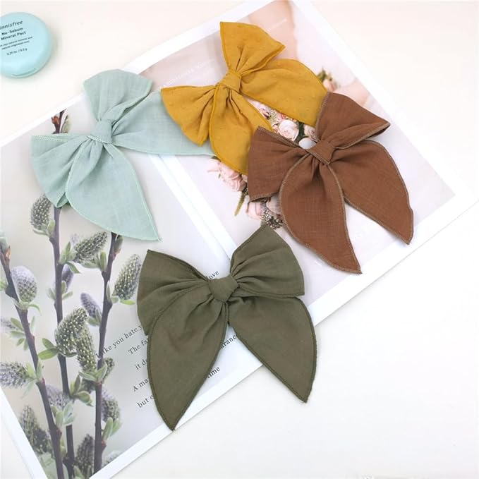 Pack of 4 Gorgeous Fable Bow Hair Clips for Girls Women Linen Hair Bow Alligator Clips Toddler Baby Mom Young Girl Hair Accessories (Mustard/Sage)
