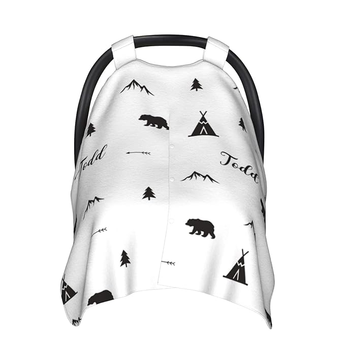 Personalized Woodland Bear and Arrows Baby Infant Car Seats Canopy for Baby with Name, Custom Lightweight Covers for Baby Boys Girls, Minky Nursing Breastfeeding Stroller Cover for Newborn