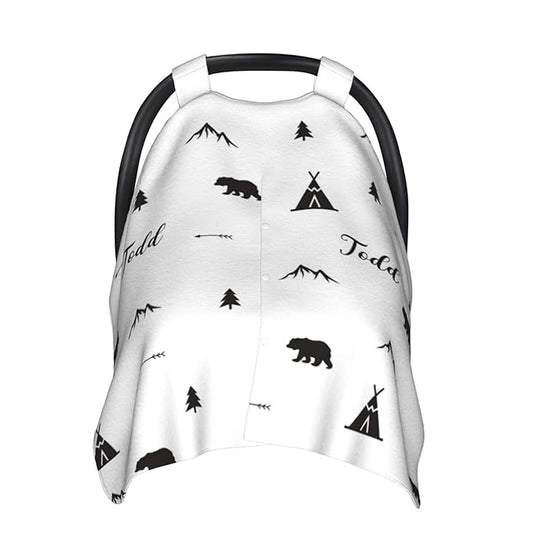 Personalized Woodland Bear and Arrows Baby Infant Car Seats Canopy for Baby with Name, Custom Lightweight Covers for Baby Boys Girls, Minky Nursing Breastfeeding Stroller Cover for Newborn