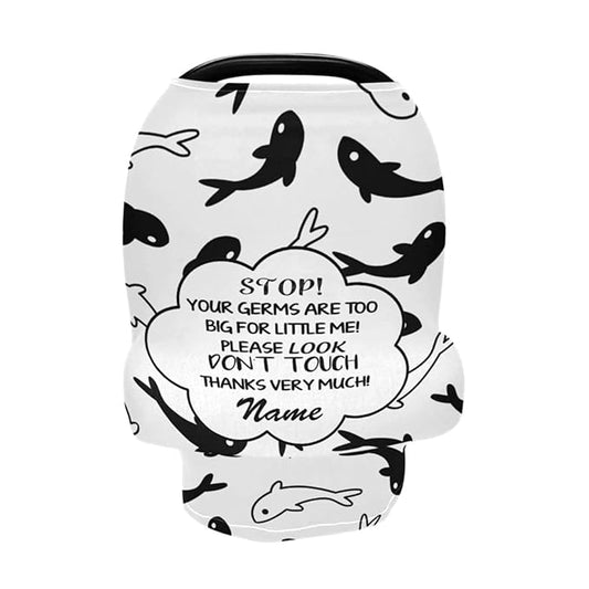 Customized No Touch Sign Stroller Car Seat Canopy with Name, Personalized Shark Baby Boy Carseat Cover, Multiuse Nursing Covers Breastfeeding Scarf, Shower Gift for Newborn Infant Babies