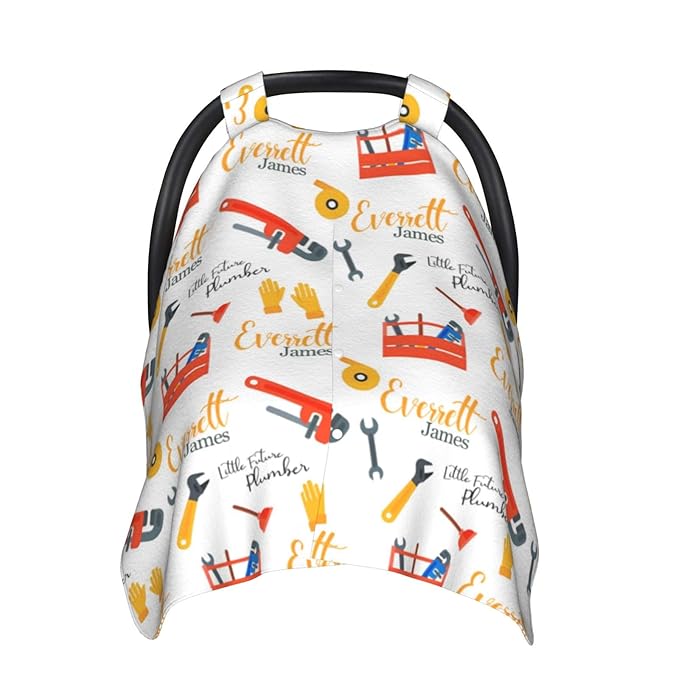 Personalized Baby Car Seat Canopy for Babies, Custom Name Baby Car Seats Covers for Boys Girls, Opening Minky Nursing Breastfeeding Cover for Infant Newborn, Carseat Canopies (Future Plumbers)