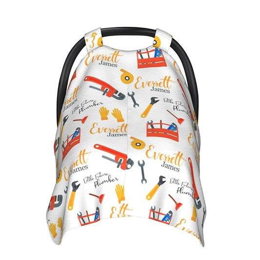 Personalized Baby Car Seat Canopy for Babies, Custom Name Baby Car Seats Covers for Boys Girls, Opening Minky Nursing Breastfeeding Cover for Infant Newborn, Carseat Canopies (Future Plumbers)