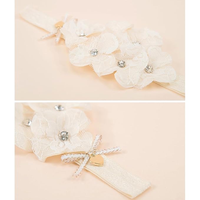 Baby Girls Hairband White Bow Lace Headbands Handmade Soft Stretchy Wide Head Band Newborn Hairbands with Bows Pearls Elastic Headband for Infant Hair Accessories（Beige Lace Flower）