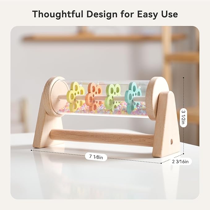 IEATFO Rain Stick Toy with Stand - Sensory Sound Training Tool for Kids, Tummy Time Musical Instrument for Infant Development | Rainmaker with Wooden Base, Clear Tube, Colored Flower Discs and Beads
