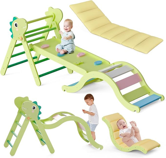 Pikler Triangle Set with Cushion, 9-in-1 Climbing Toys for Toddlers Inside, Foldable Wooden Climbing Toys Indoor Montessori Climbing Set for Toddler 1-3