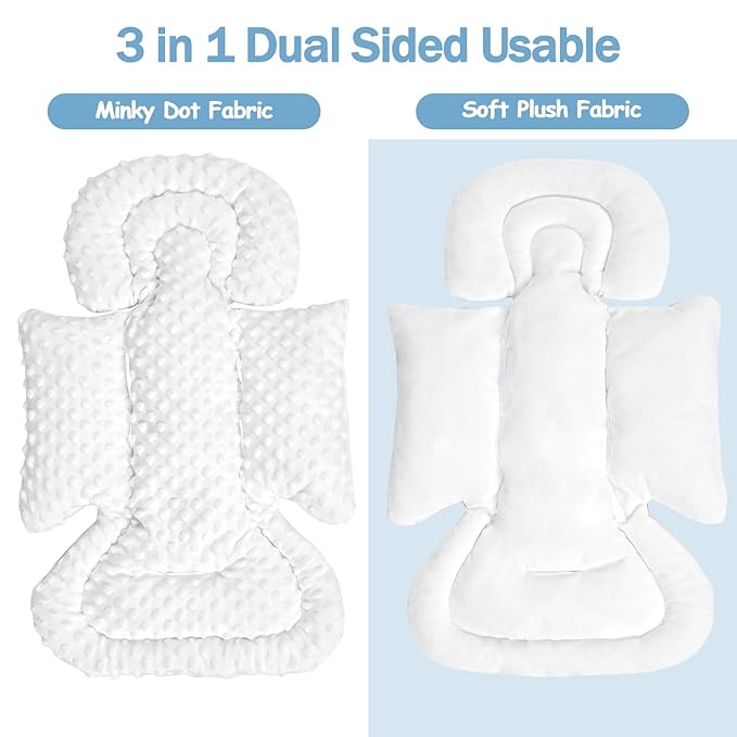 Infant Car Seat Insert Boy Girl, 3 in 1 Newborn Carseat Insert with Strap Pads, Car Seat Head Support for Baby Strollers, Swings, and Bouncers, Comfortable and Machine Washable, White