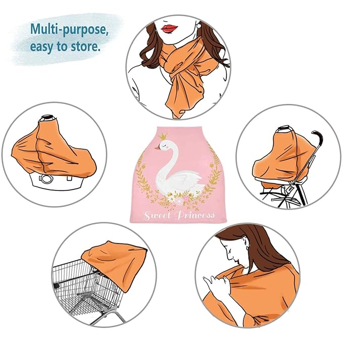 Cute Swan Princess Baby Car Seat Covers, Nursing Cover Breastfeeding Scarf Soft Breathable Stretchy Coverage, Infant Stroller Cover for Boys Girls