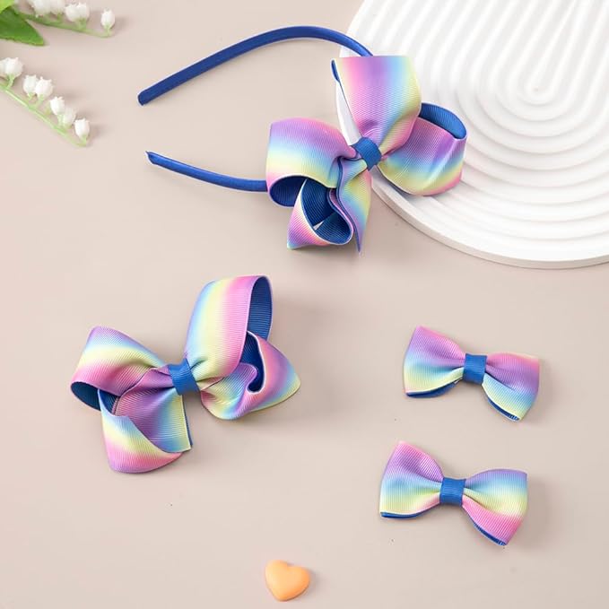 JIAHANG Baby Girls 4 Inch Grosgrain Ribbon Hair Bow Headband and Alligator Clips Set, Colorful Hair Bow Accessories for Children Toddler School Girls 4Pcs Gift Set (Gradient1)