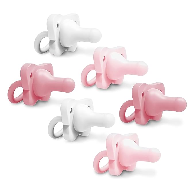 Dr. Brown's HappyPaci 100% Silicone Baby Pacifier, Contoured One-Piece Design, Light Pink/Pink/White - Value Pack, 0-6m, BPA-Free, 6-Pack