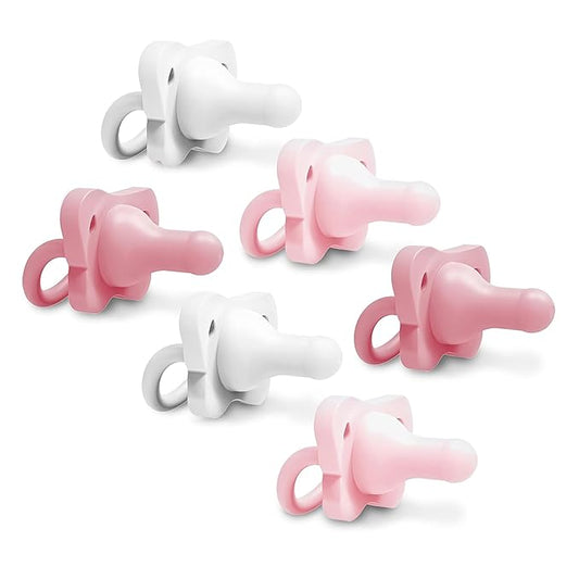 Dr. Brown's HappyPaci 100% Silicone Baby Pacifier, Contoured One-Piece Design, Light Pink/Pink/White - Value Pack, 0-6m, BPA-Free, 6-Pack