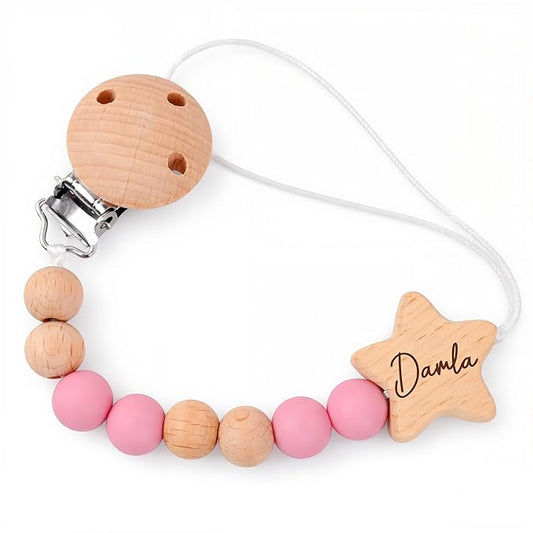 Personalized Name on Wood Pacifier Clip,Custom Dummy Clip Newborn Gift Pacifier Holder Clips Chain (Pacifier Clip)