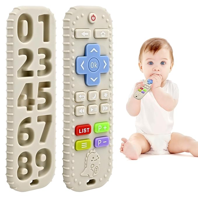 Teething Relief Teethers Toys for Babies 3-6-12 Months Gifts, Food Grade Silicone Sensory Remote Control Baby Teether Bath Toys for 9 18 Months Newborn Infant Boy Girl Autism, Beige