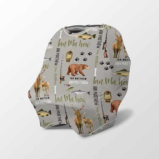 Personalized Baby Car Seat Cover Stroller Canopy: Custom Name Newborn Baby Boy Girl Elastic Animals Nursing Cover for Moms First Birthday Gift Hunting Fishing(one Size)