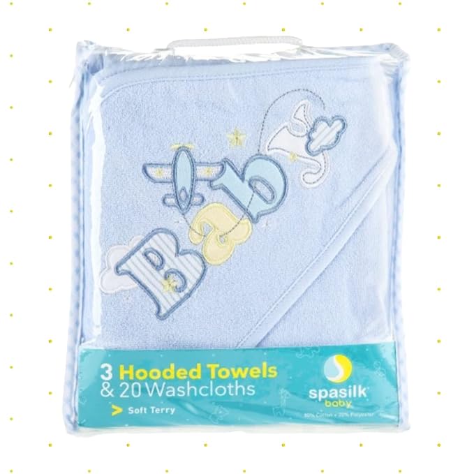 Spasilk Bath Hooded Towels & Washcloths Set for Babies, 23-Piece Gift Set, Blue