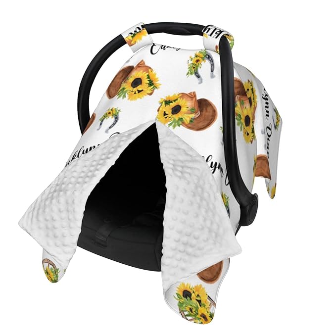 Personalized Baby Car Seat Canopy for Baby Girls, Custom Name Sunflower Cowgirl Baby Car Seat Covers for Babies, Opening Minky Nursing Breastfeeding Cover for Infant, Carseat Canopies for Newborn