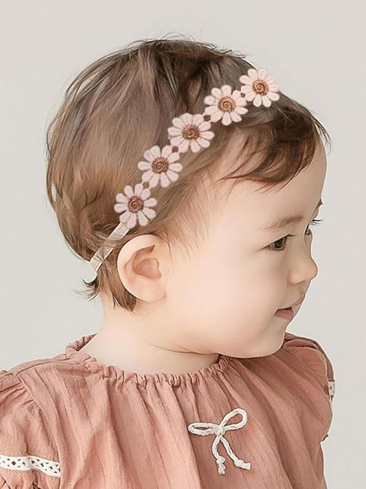 Baby Girls Flower Crown Headband Lace Handmade Floral Headbands Soft Elastic Band Daisy Hairband Newborn Infant Toddler Kids for Christening Baptism Birthday Party (Pink, Daisy)