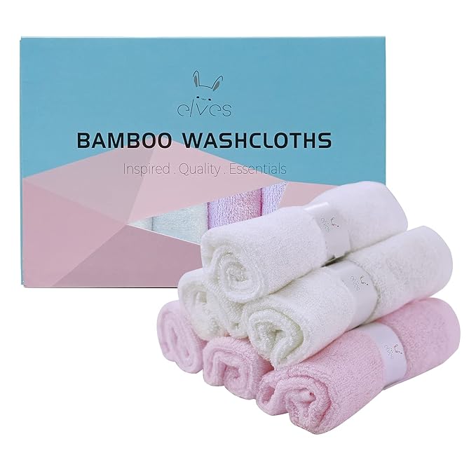 elves Bamboo Viscose Washcloth Baby Set of 6 - Ultra Soft Wash Cloths for Face and Body - Small Face Towel for Baby Girl (White&Pink)