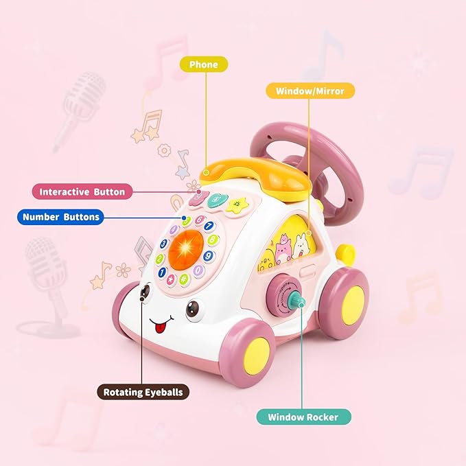 Love&Mini Baby Musical Toys for Girls - Crawling Steering Wheel Toys with Car, Telephone, Lights & Sounds - Multi-Functional Educational Gifts for 1+ Year Old Girls Birthday Xmas