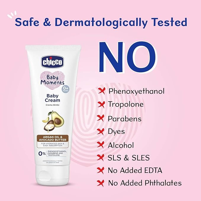 Chicco Baby Moments Baby Cream for Babies with Argan Oil & Avocado Butter, 100g| Natural Ingredients for Hydrated Skin | Dermatologically Tested | Phenoxyethanol, Parabens & Lauryl sulphates free