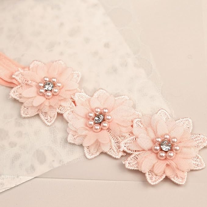 Bethynas White Flower Lace Elastic Headband for Baby Girls Floral Baptism Christening Toddler Hairband Infant Flower Pearl Birthday Party Hair Accessory for Newborn Girl (Pink)