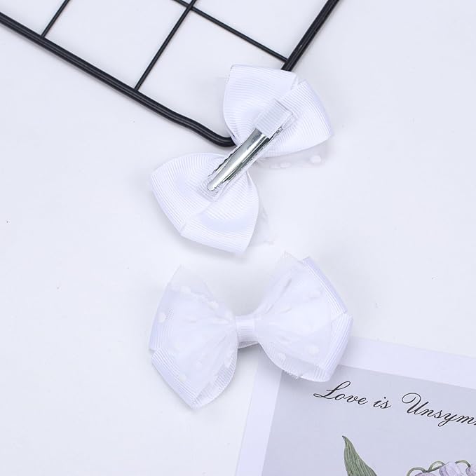 Tiny 3 Inch Dot Organza Double Hair Bow Clips - Cute Lined Boutique Alligator Hairpin for Girls, Toddlers, and Little Teens - Kids Barrettes Set of 2 Small Stylish (White)