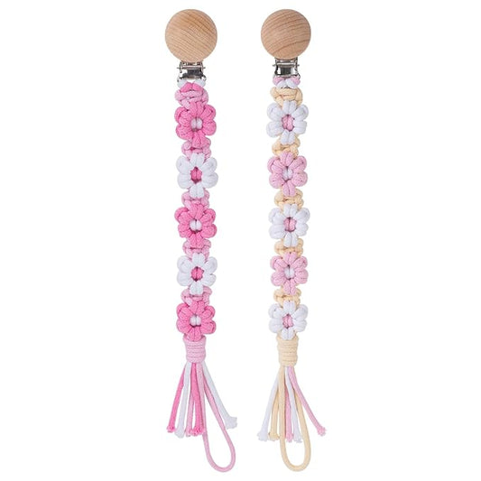 Pacifier Clip for Boys Girls Floral Daisy Macrame Baby Paci Clip Pacifier Holder Leash Boho Wooden Clips Handmade Braided Cotton Binky Clips (2pack:Pink Daisy × 2)