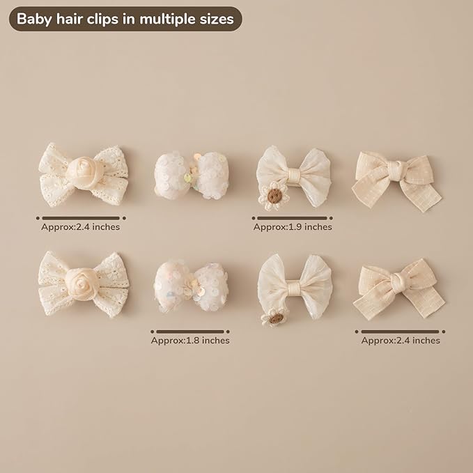 Baby Hair Clips 2'' Toddler Girl Hair Bows Set 8Pcs Fully Covered Barrettes Infant Small Hair Accessories for Newborn, Kids Fine Hair