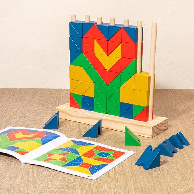 Montessori Wooden Stacking Toy for Kids - Toddler & Preschool STEM Learning Creative Brain Teaser Educational Logic Game - Puzzle Colorful Triangle Blocks