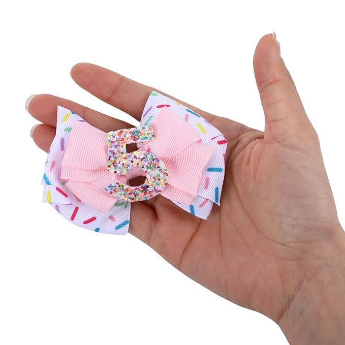 2pcs Birthday Hair Bow for Baby Girls, Sprinkle Confetti 5 Year Old Girl Birthday Decorations, Ice Cream Party Theme Bow Clips for Baby Girls Hair Pink