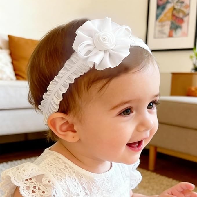 Baby Girls Headband White Bow Lace Headbands Soft Elastic Bowknot Hairbands Cute Hair Accessory for Newborn Kids Infant Toddler Baptism Birthday Party (Bow A)