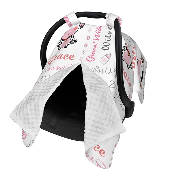Personalized Cute Little Cow Baby Car Seats Canopy for Babies with Name, Custom Monogram Car Seat Covers for Girls, Opening Minky Nursing Breastfeeding Cover Infant Carseat Canopies for Newborn