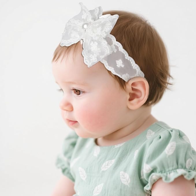 Baby Girls Hairbands bows Headband Stretchy Soft Flower Hairband Toddler Handmade Headbands with Pearls Elastic Headband for Infant Toddler Girl Hair Accessories (Pearl Lace Bow, Elastic)