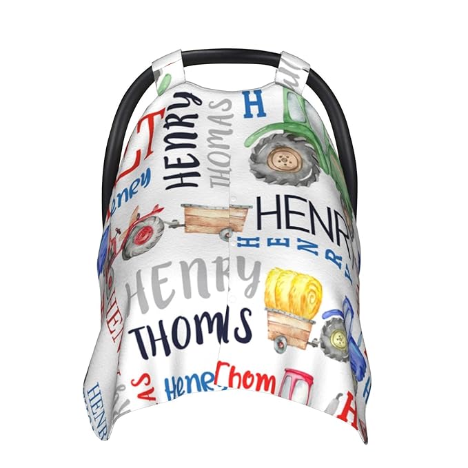 Personalized Baby Car Seat Canopy for Babies with Name, Custom Farm Tractor Stroller Car Seat Covers for Boy Girl, Minky Nursing Carseat Cover for Breastfeeding, Car Seat Canopies for Infant Newborn